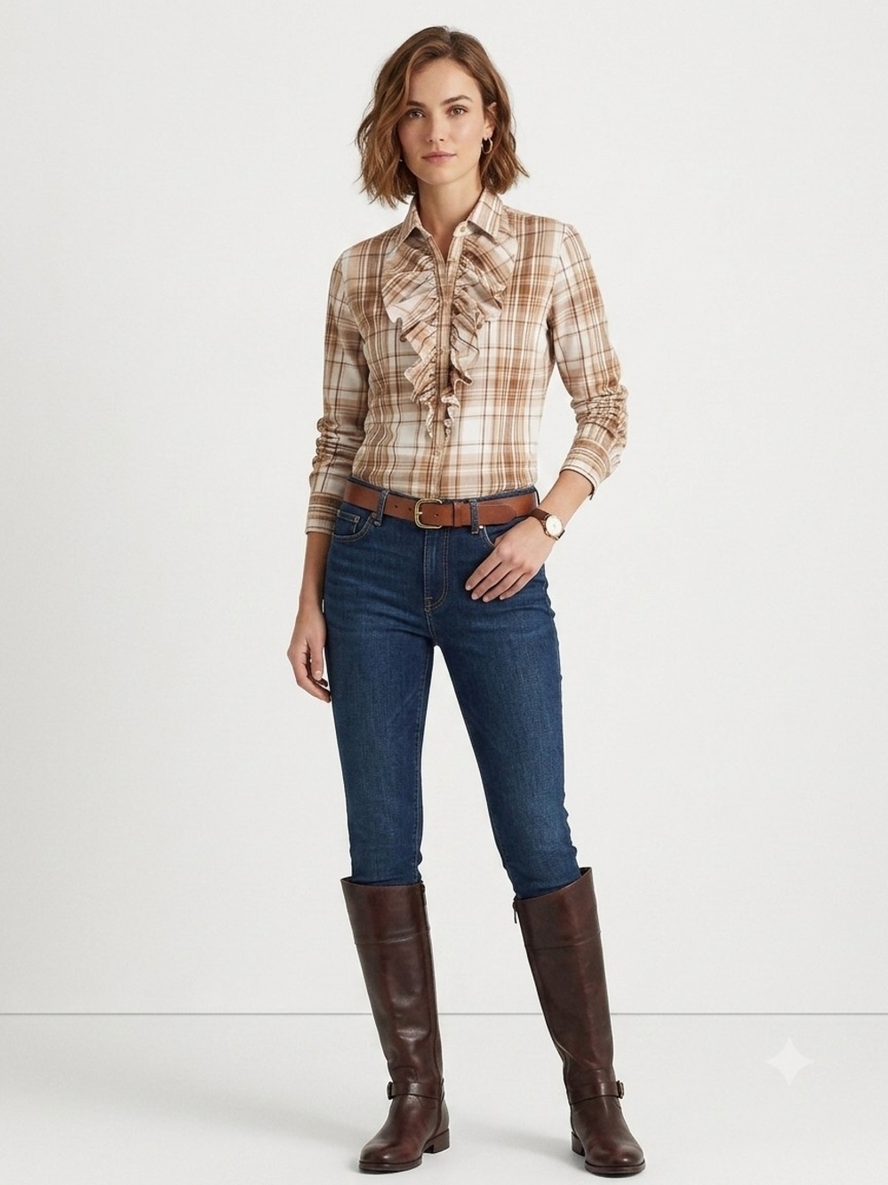 Ralph Lauren Beige Plaid Ruffle Front Button-Down Shirt